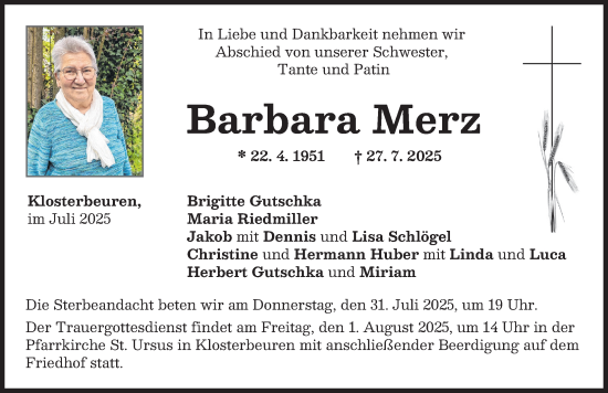 Traueranzeige von Barbara Merz von Illertisser Zeitung, Augsburger Allgemeine