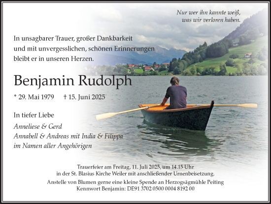 Traueranzeige von Benjamin Rudolph von Der Westallgäuer