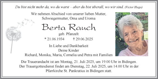 Traueranzeige von Berta Rauch von Allgäuer Zeitung, Marktoberdorf