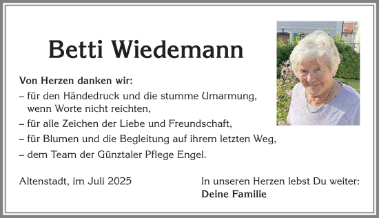Traueranzeige von Betti Wiedemann von Allgäuer Zeitung, Marktoberdorf