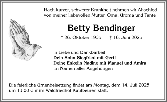 Traueranzeige von Betty Bendinger von Allgäuer Zeitung, Marktoberdorf