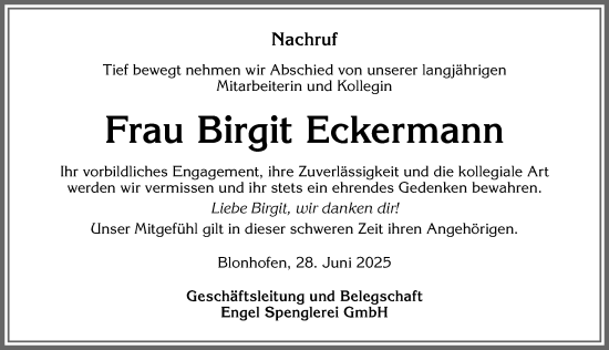 Traueranzeige von Birgit Eckermann von Allgäuer Zeitung, Kaufbeuren/Buchloe