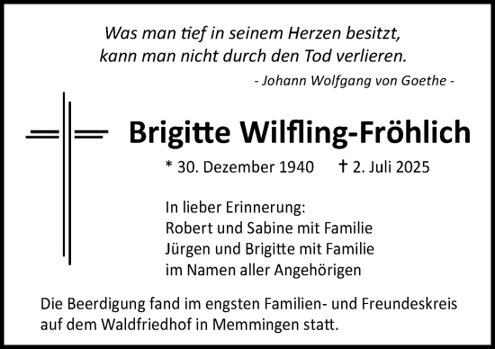 Traueranzeige von Brigitte Wilfling-Fröhlich von Memminger Zeitung