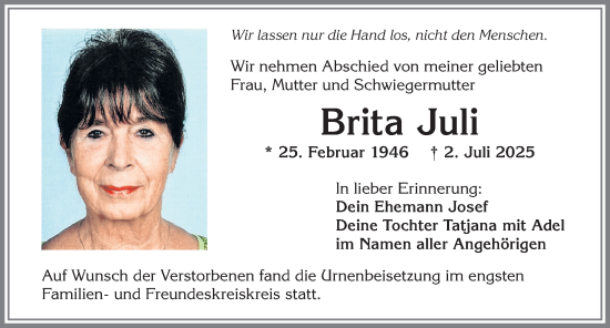 Traueranzeige von Brita Juli von Allgäuer Zeitung, Kaufbeuren/Buchloe