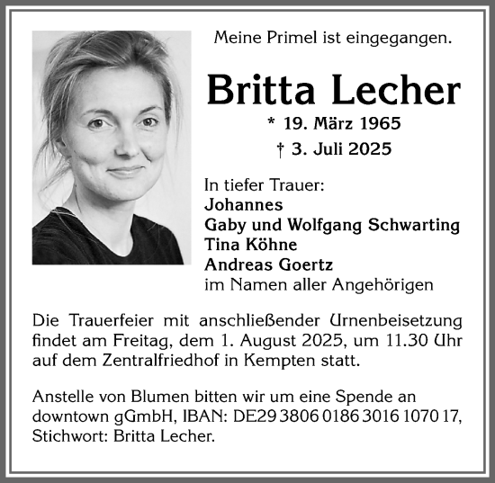 Traueranzeige von Britta Lecher von Allgäuer Zeitung,Kempten