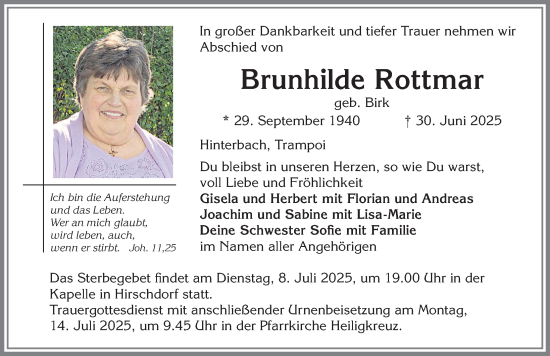 Traueranzeige von Brunhilde Rottmar von Allgäuer Zeitung,Kempten