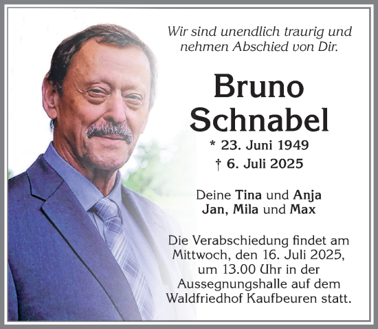 Traueranzeige von Bruno Schnabel von Allgäuer Zeitung, Kaufbeuren/Buchloe