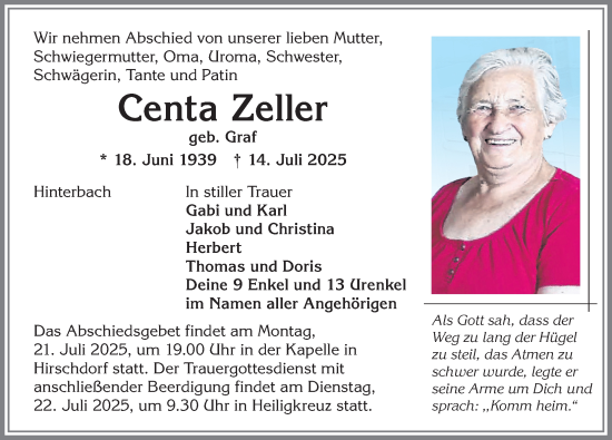 Traueranzeige von Centa Zeller von Allgäuer Zeitung,Kempten