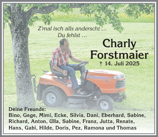Traueranzeige von Charly Forstmaier von Allgäuer Zeitung,Kempten