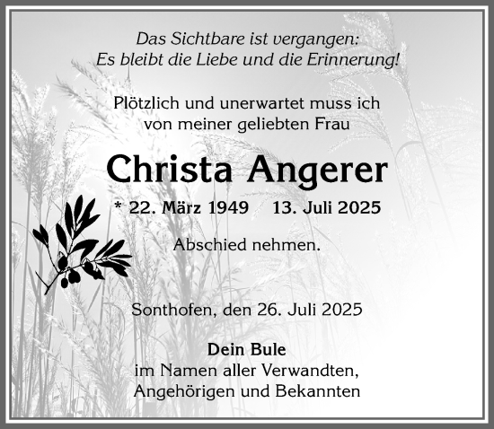 Traueranzeige von Christa Angerer von Allgäuer Anzeigeblatt
