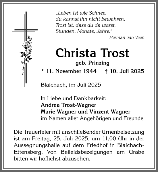 Traueranzeige von Christa Trost von Allgäuer Anzeigeblatt
