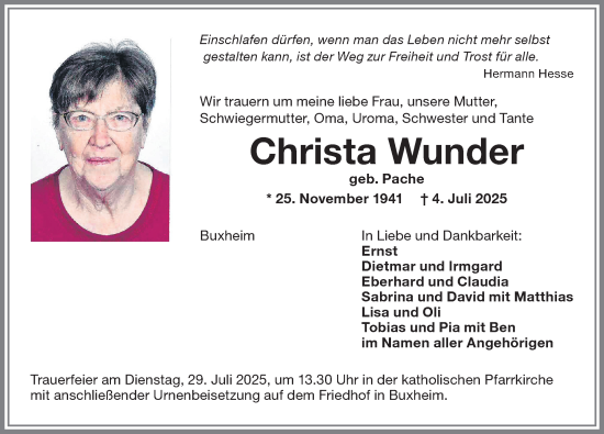 Traueranzeige von Christa Wunder von Memminger Zeitung