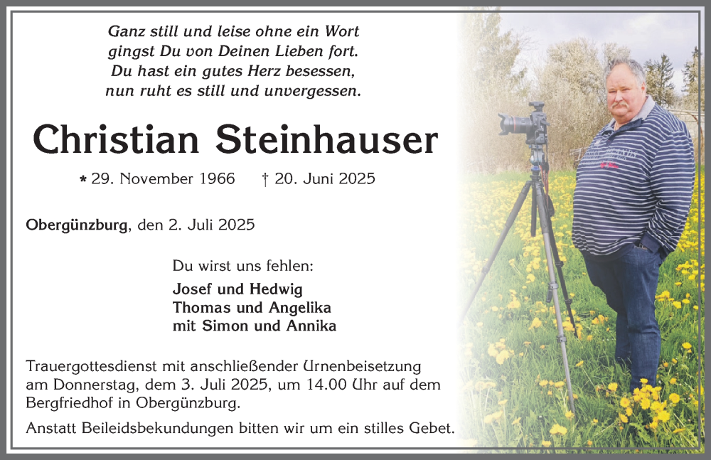  Traueranzeige für Christian Steinhauser vom 02.07.2025 aus Allgäuer Zeitung, Marktoberdorf