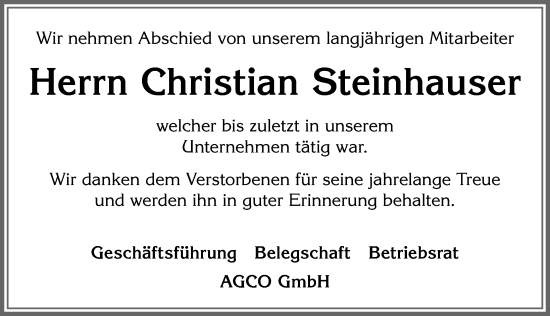 Traueranzeige von Christian Steinhauser von Allgäuer Zeitung, Marktoberdorf