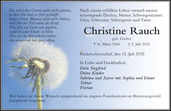 Traueranzeige von Christine Rauch von Der Westallgäuer