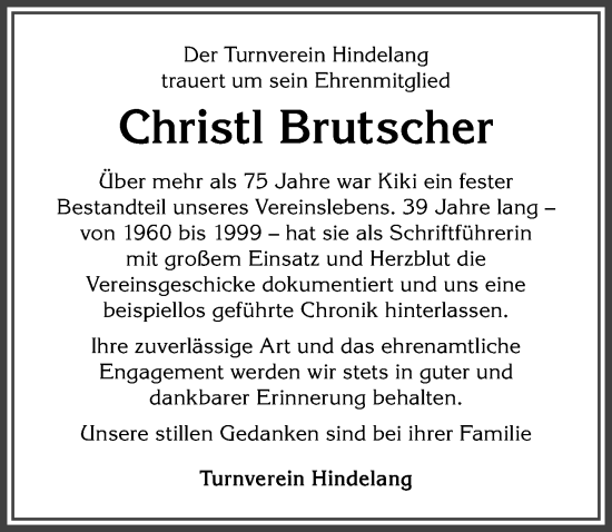 Traueranzeige von Christl Brutscher von Allgäuer Anzeigeblatt