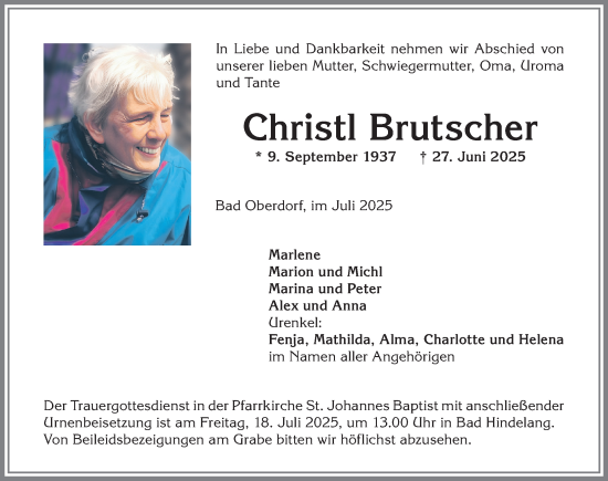 Traueranzeige von Christl Brutscher von Allgäuer Anzeigeblatt