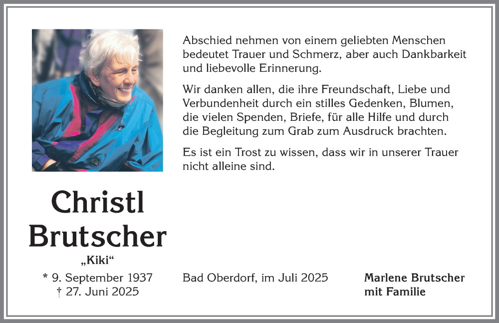  Traueranzeige für Christl Brutscher vom 30.07.2025 aus Allgäuer Anzeigeblatt