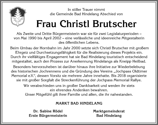 Traueranzeige von Christl Brutscher von Allgäuer Anzeigeblatt