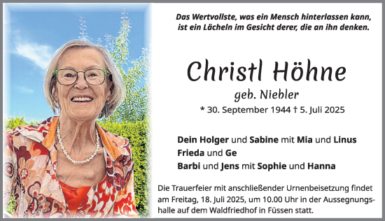 Traueranzeige von Christl Höhne von Allgäuer Zeitung, Füssen
