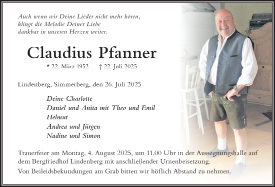 Traueranzeige von Claudius Pfanner von Der Westallgäuer