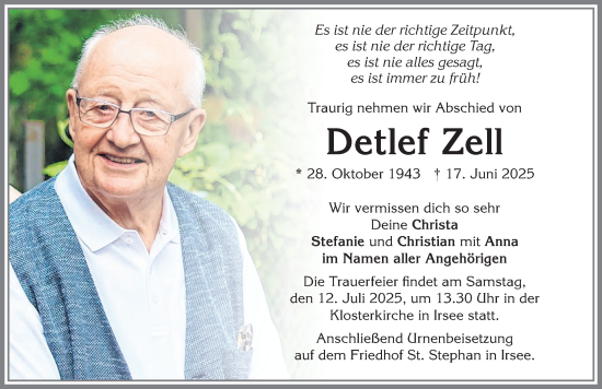 Traueranzeige von Detlef Zell von Allgäuer Zeitung, Kaufbeuren/Buchloe