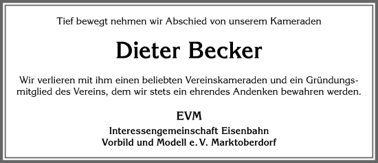 Traueranzeige von Dieter Becker von Allgäuer Zeitung, Marktoberdorf