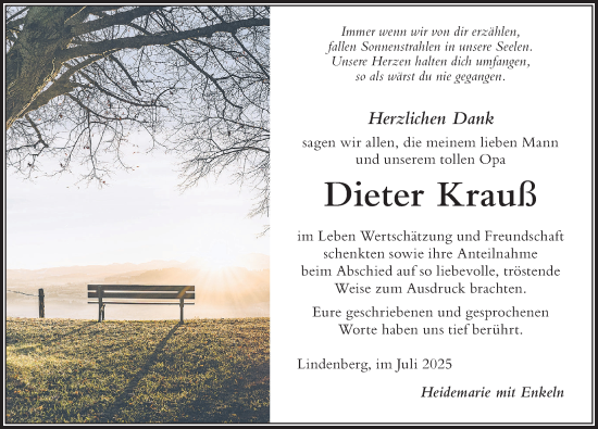 Traueranzeige von Dieter Krauß von Der Westallgäuer