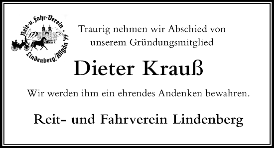 Traueranzeige von Dieter Krauß von Der Westallgäuer