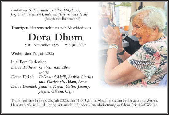 Traueranzeige von Dora Dhom von Der Westallgäuer