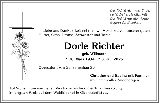 Traueranzeige von Dorle Richter von Allgäuer Anzeigeblatt
