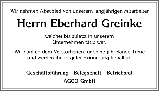 Traueranzeige von Eberhard Greinke von Allgäuer Zeitung, Marktoberdorf