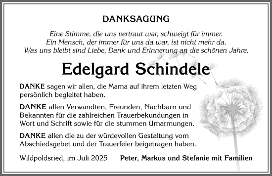 Traueranzeige von Edelgard Schindele von Allgäuer Zeitung,Kempten