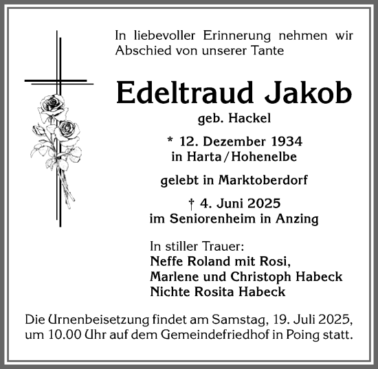 Traueranzeige von Edeltraud Jakob von Allgäuer Zeitung, Marktoberdorf