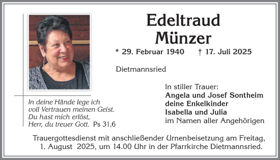 Traueranzeige von Edeltraud Münzer von Allgäuer Zeitung,Kempten