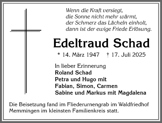 Traueranzeige von Edeltraud Schad von Memminger Zeitung