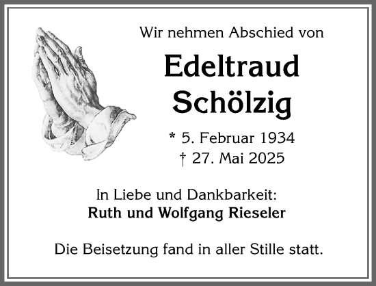 Traueranzeige von Edeltraud Schölzig von Allgäuer Zeitung, Kaufbeuren/Buchloe
