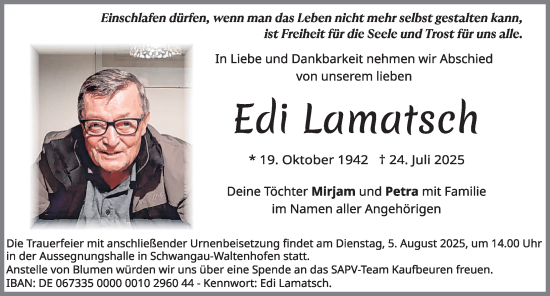 Traueranzeige von Edi Lamatsch von Allgäuer Zeitung, Füssen