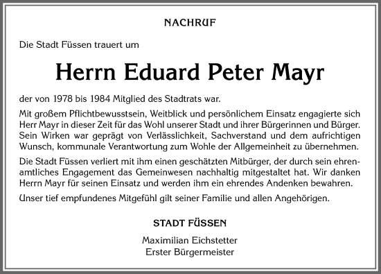 Traueranzeige von Eduard Peter Mayr von Allgäuer Zeitung, Füssen