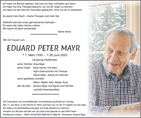 Traueranzeige von Eduard Peter Mayr von Allgäuer Zeitung, Füssen