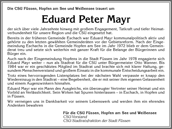 Traueranzeige von Eduard Peter Mayr von Allgäuer Zeitung, Füssen