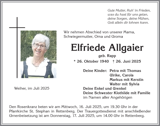 Traueranzeige von Elfriede Allgaier von Allgäuer Anzeigeblatt