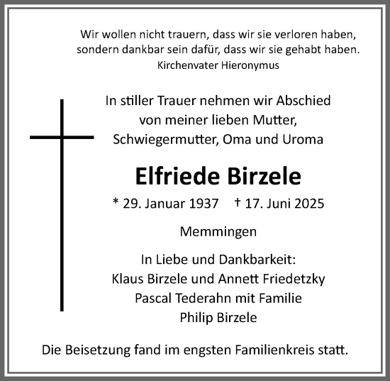 Traueranzeige von Elfriede Birzele von Memminger Zeitung
