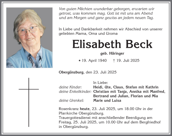 Traueranzeige von Elisabeth Beck von Allgäuer Zeitung, Marktoberdorf