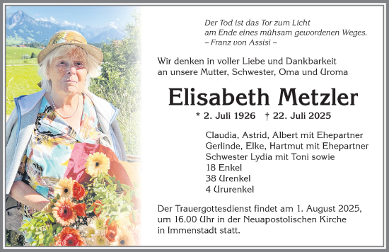 Traueranzeige von Elisabeth Metzler von Allgäuer Anzeigeblatt