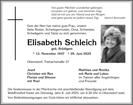 Traueranzeige von Elisabeth Schleich von Allgäuer Anzeigeblatt
