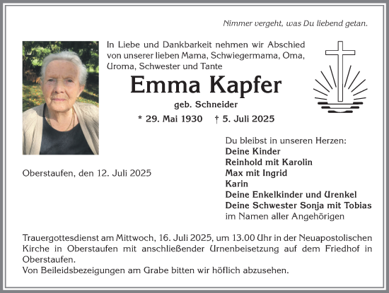 Traueranzeige von Emma Kapfer von Allgäuer Anzeigeblatt
