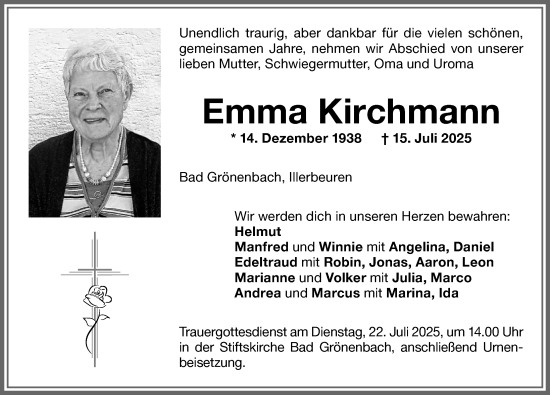 Traueranzeige von Emma Kirchmann von Memminger Zeitung