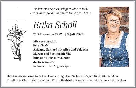 Traueranzeige von Erika Schöll von Allgäuer Anzeigeblatt