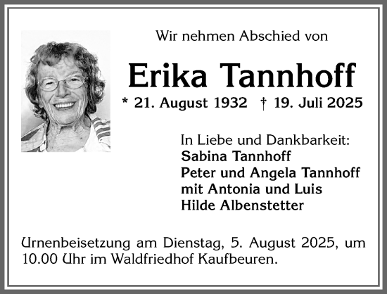 Traueranzeige von Erika Tannhoff von Allgäuer Zeitung, Kaufbeuren/Buchloe
